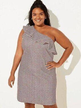 Loft Womens Maroon White Striped Ruffle One Shoulder Plus Size Dress Size 16